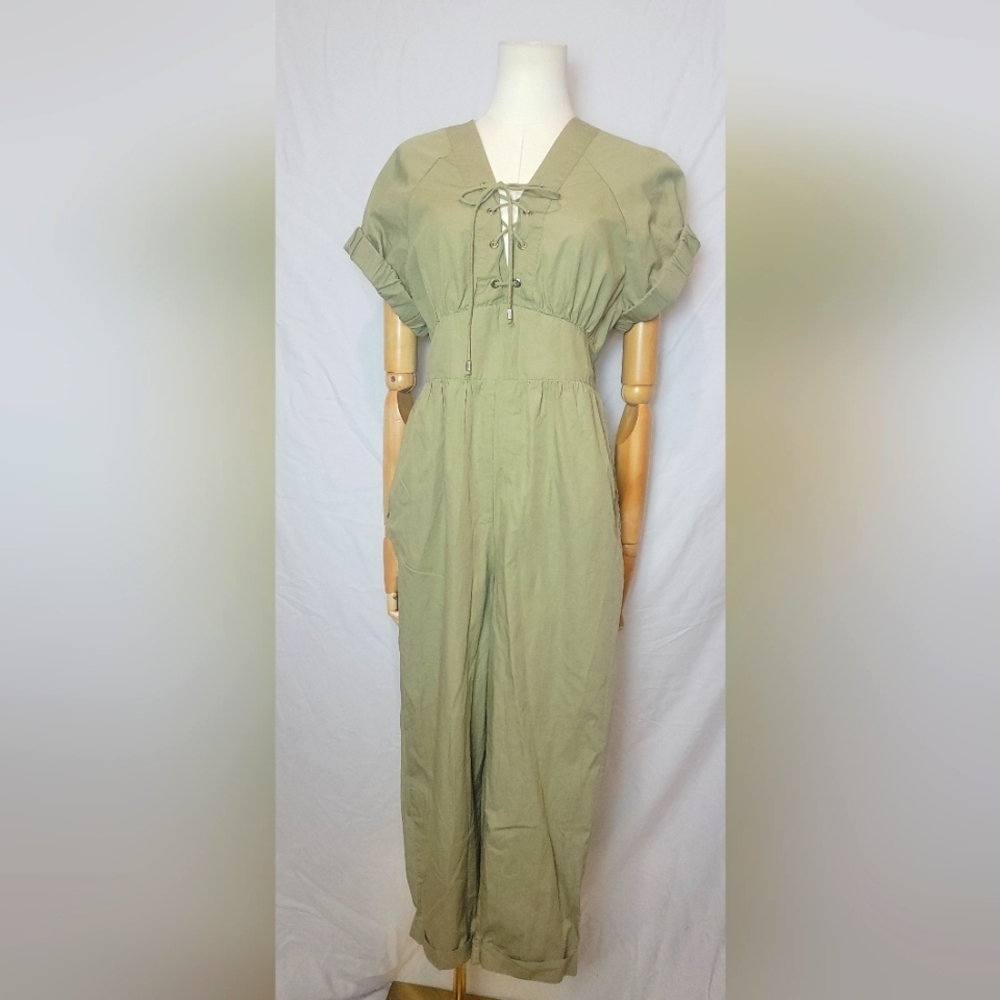Zara Poplin  Jumpsuit Light Khaki Green, Size Medium